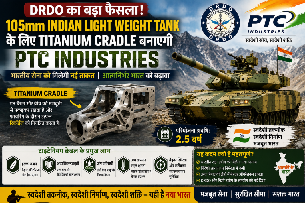 DRDO का बड़ा फैसला! PTC Industries बनाएगी 105mm Indian Light Weight Tank का Titanium Cradle, बढ़ेगी भारतीय सेना की ताकत (2) DRDO का बड़ा फैसला! PTC Industries बनाएगी 105mm Indian Light Weight Tank का Titanium Cradle, बढ़ेगी भारतीय सेना की ताकत